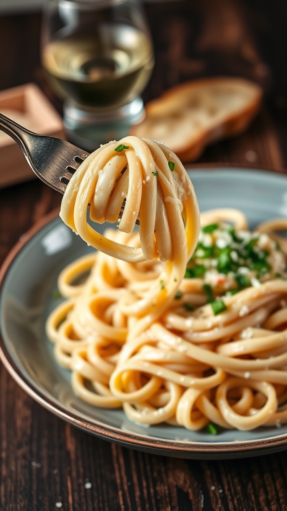A plate of creamy four cheese pasta garnished with parsley on a rustic table with wine and garlic bread.